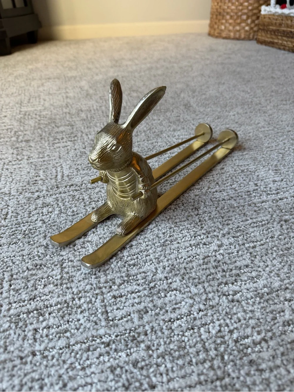 Anthropologie Skiing Hare Rabbit Wine Bottle Holder in Gold Brass